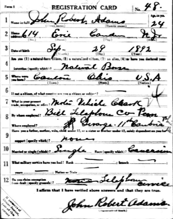 John Robert Adams World War I draft registration card (front)