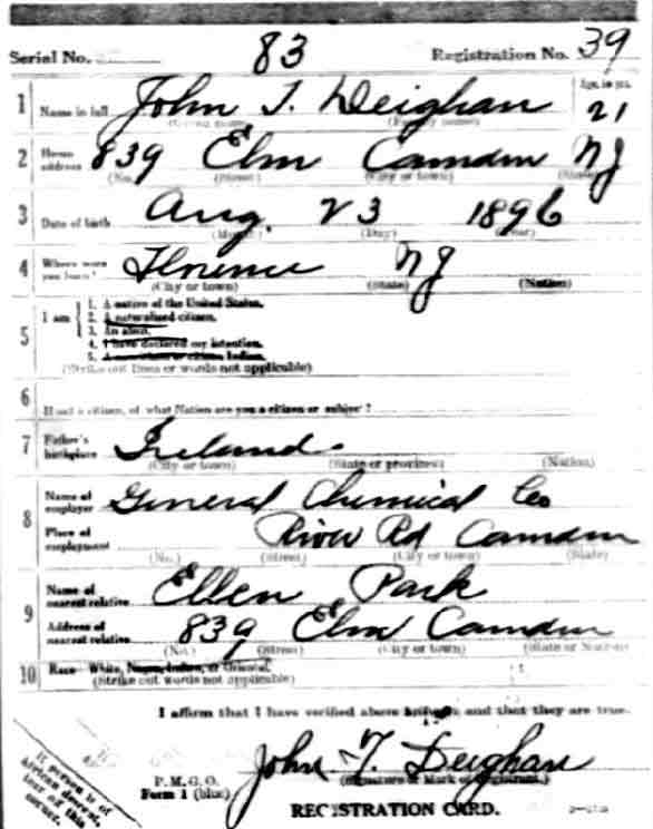 John T. Deighan World War I draft registration card (front)