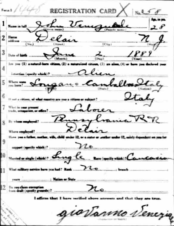 Giovanni Veneziale World War I draft registration card (front)
