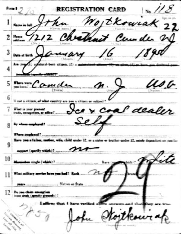 John Wojtkowiak World War I draft registration card (front)