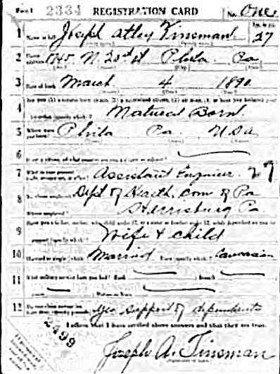 Joseph A. Tinsman Sr. World War I draft registration card (front)