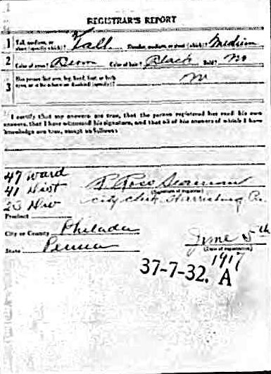 Joseph A. Tinsman Sr. World War I draft registration card (reverse)