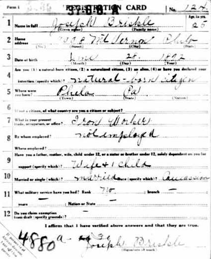 Joseph Briskle World War I draft registration card (front)