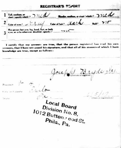Joseph Briskle World War I draft registration card (reverse)