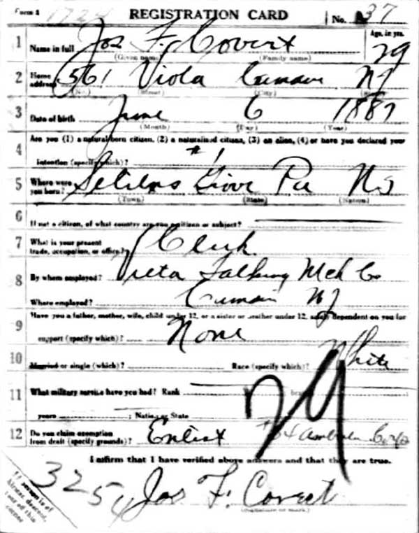Joseph F. Covert World War I draft registration card (front)