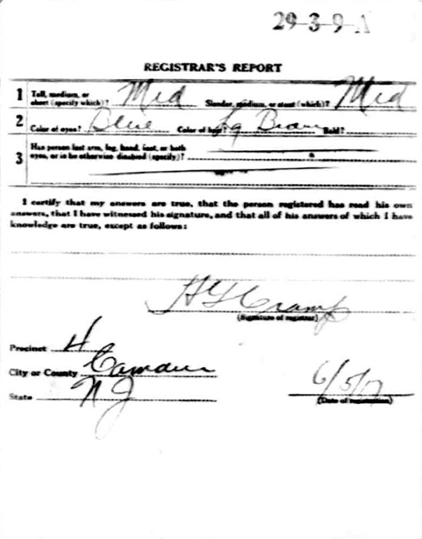 Joseph F. Covert World War I draft registration card (reverse)