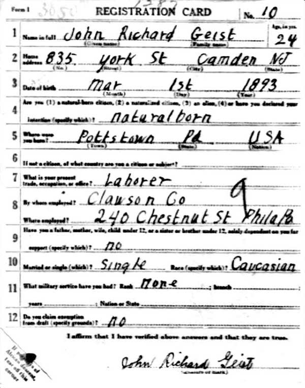 J. Richard Geist World War I Draft Registration Card, side 1