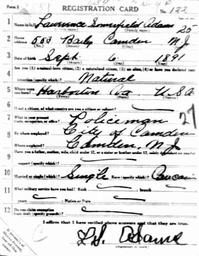 Laurence S. Adams World War I draft registration card (front)