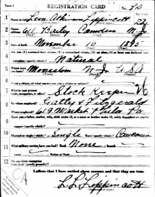 Leon A. Lippincott World War I draft registration card (front)