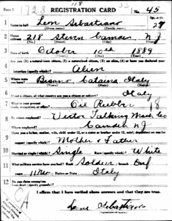 Leone Sebastiano World War I draft registration card (front)