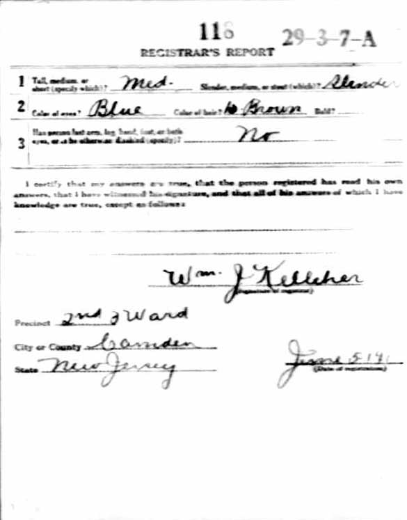 Leone Sebastiano World War I draft registration card (reverse)