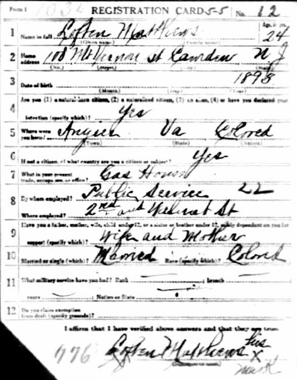 Loften Matthews World War I draft registration card (front)