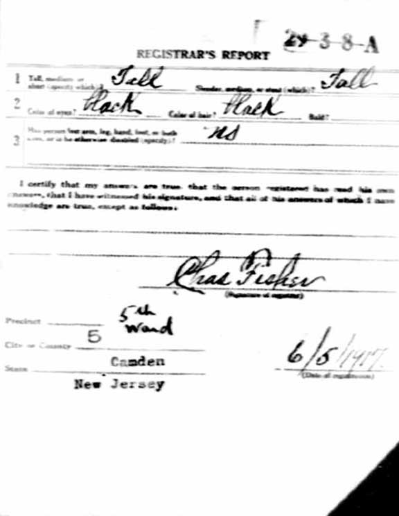 Loften Matthews World War I draft registration card (reverse)