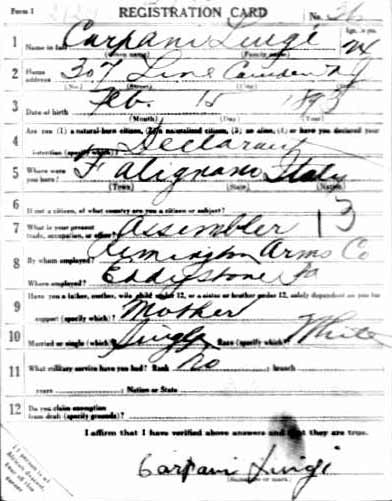Luigi Carpani World War I draft registration card (front)