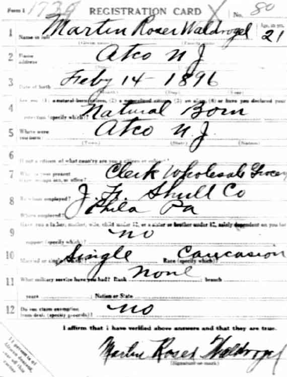 Martin Waldvogel World War I draft registration card (front)