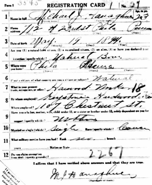 World War I Draft Registration Card for Michael J. Hanaghue Jr., front