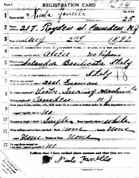 World War I Draft Registration Card for Nicolo Fanello, front