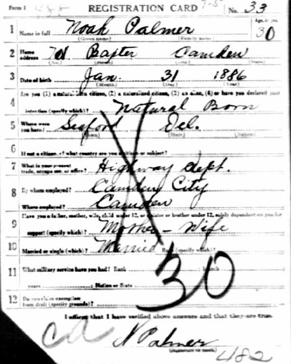 World War I Draft Registration Card for Noah J. Palmer, front