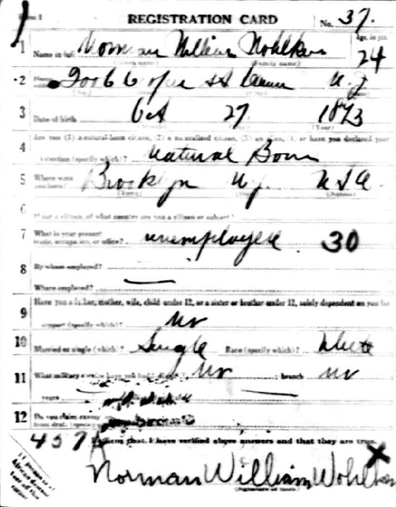 World War I Draft Registration Card for Norman W. Wohlken, front