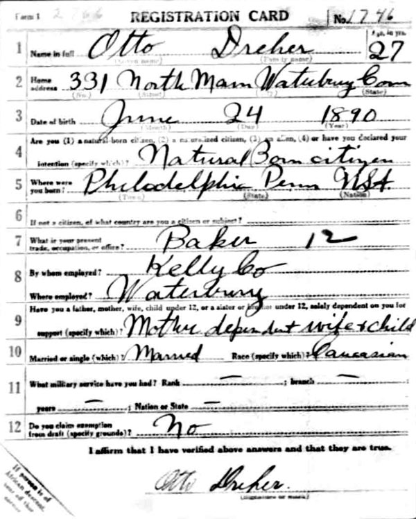 World War I Draft Registration Card for Otto Dreher, front