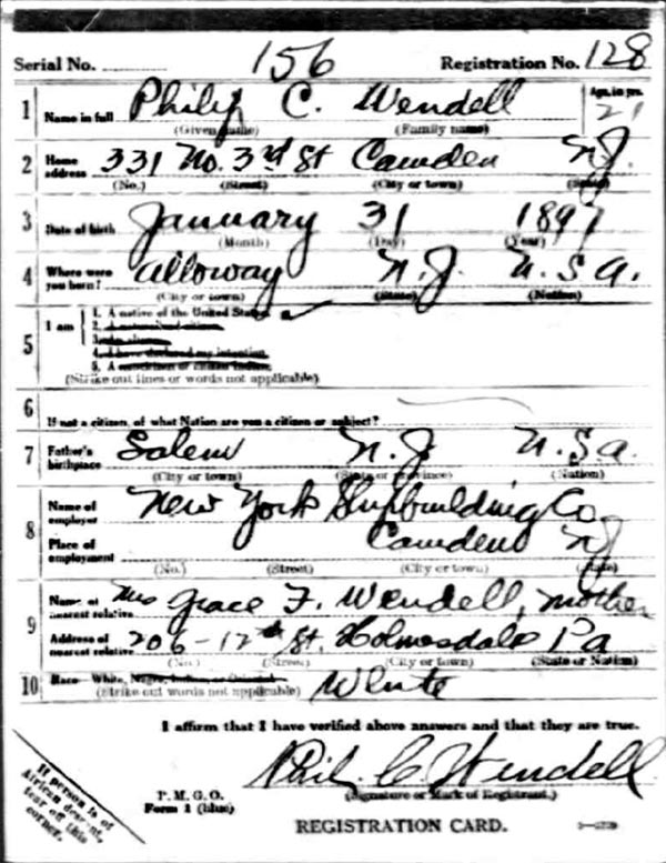 Philip C. Wendell World War I Draft Registration Card, side 1