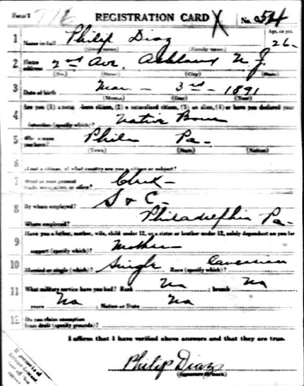 Philip Diaz World War I Draft Registration Card, side 1