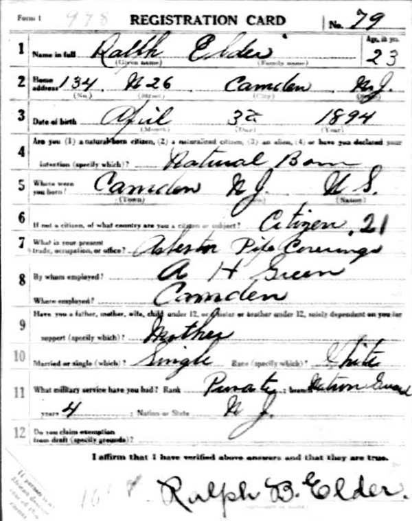 Ralph B. Elder World War I Draft Registration Card, side 1