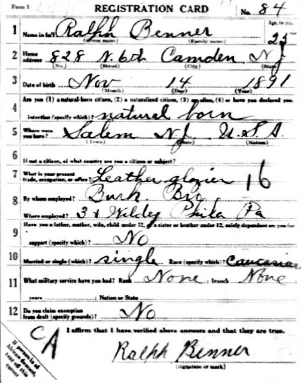 Ralph Benner World War I Draft Registration Card, side 1