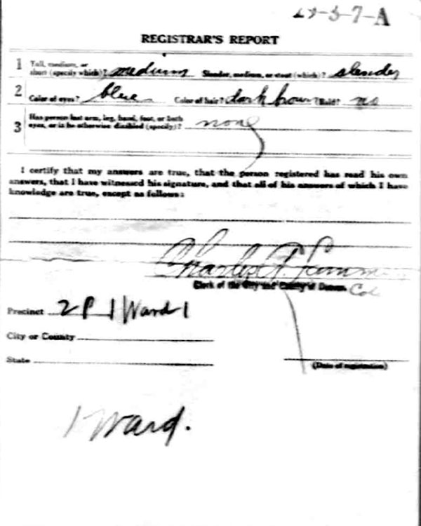 Raymond C. Frech World War I Draft Registration Card, side 2