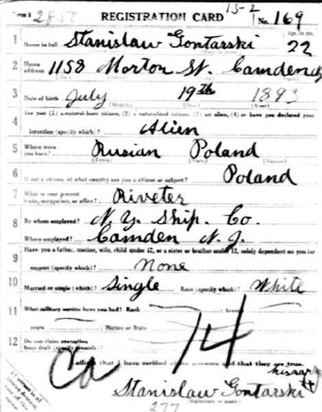 Stanislaw Gontarski World War I Draft Registration Card, side 1