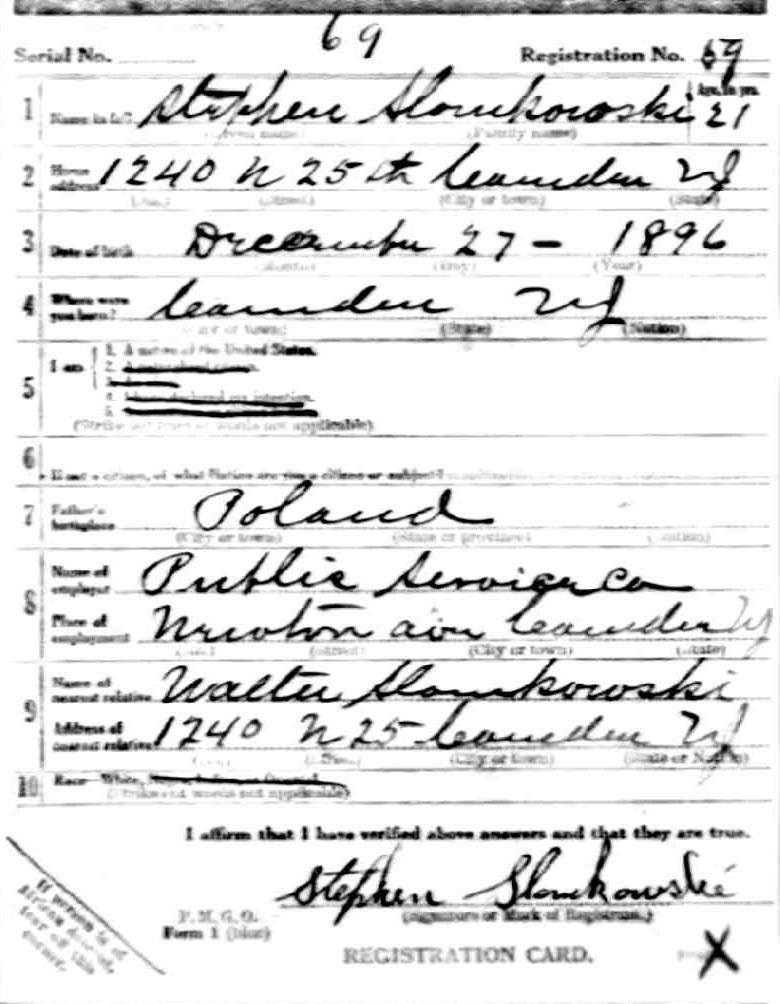 Stephen Slomkowski World War I Draft Registration Card, side 1