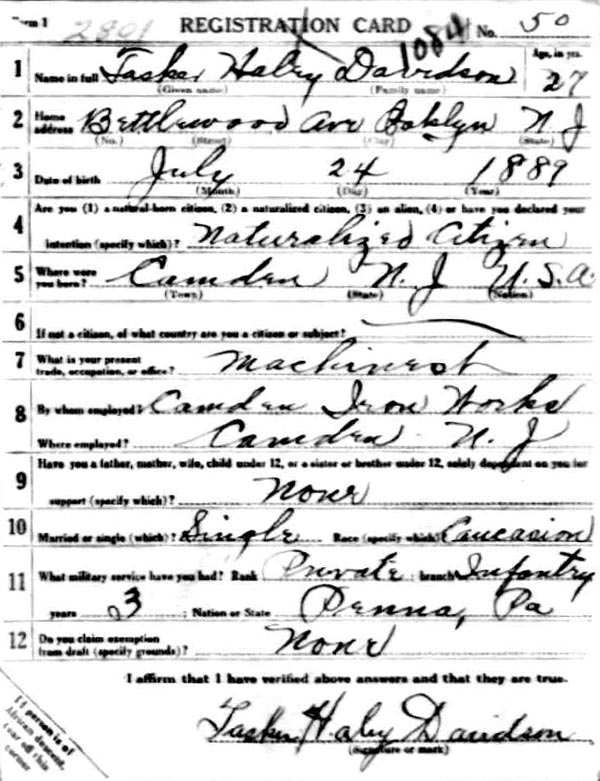 Tasker H. Davidson World War I Draft Registration Card, side 1