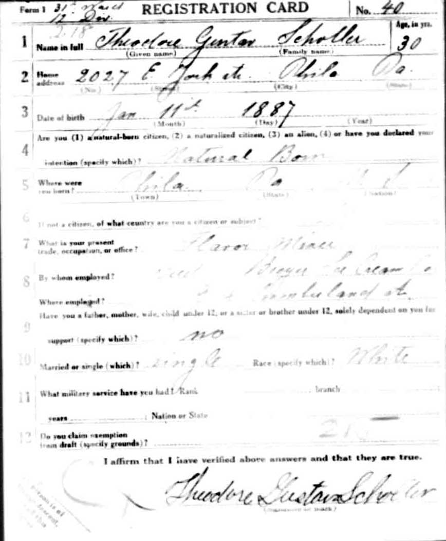 Theodore G. Scholler World War I Draft Registration Card, side 1