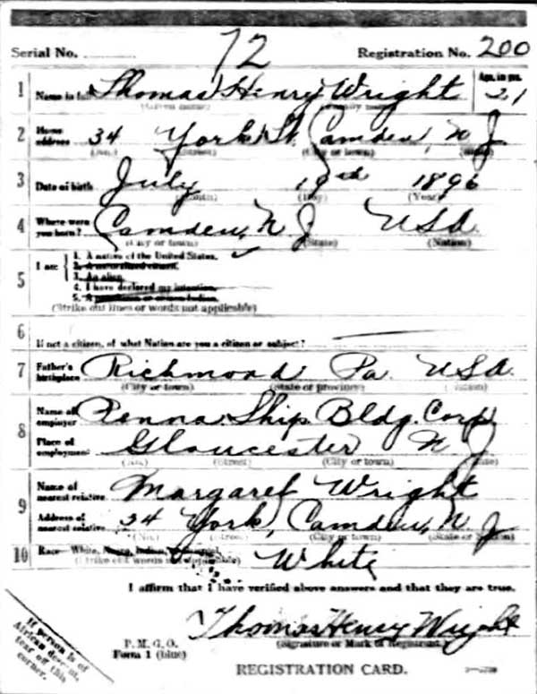 Thomas H. Wright World War I Draft Registration Card, side 1