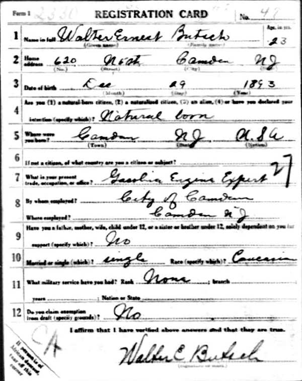 Walter Ernest Butsch World War I Draft Registration Card, side 1