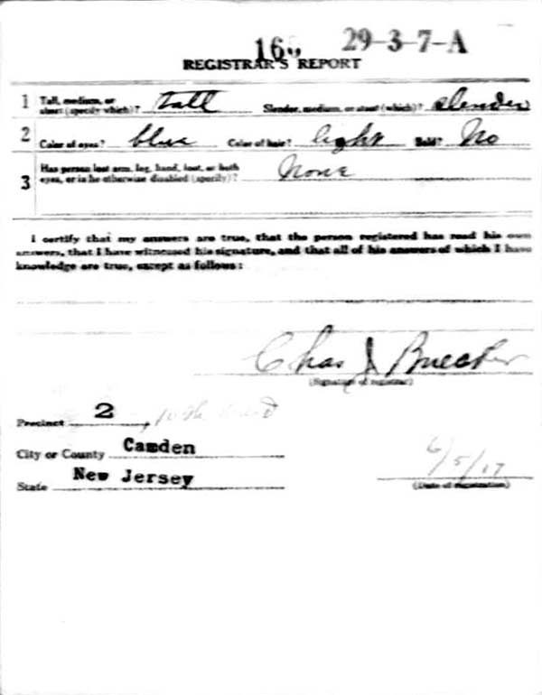 Walter Ernest Butsch World War I Draft Registration Card, side 2