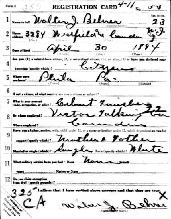 Walter J. Behrer World War I Draft Registration Card, side 1