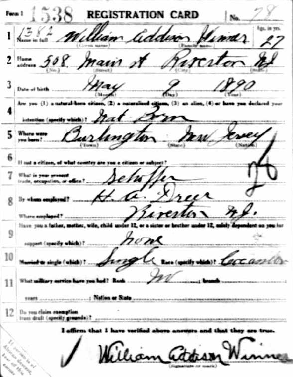 William Addison Winner World War I Draft Registration Card, side 1