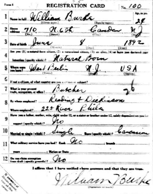 William J. Burke World War I Draft Registration Card, side 1