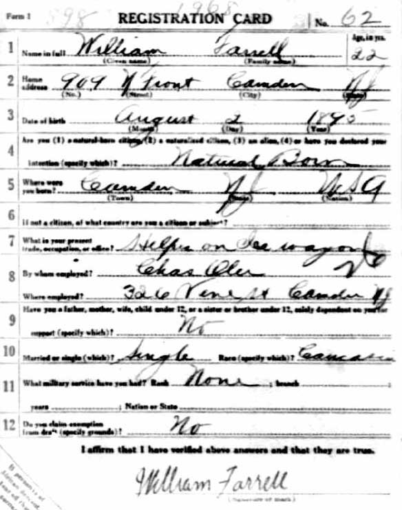 William F. Farrell World War I Draft Registration Card, side 1