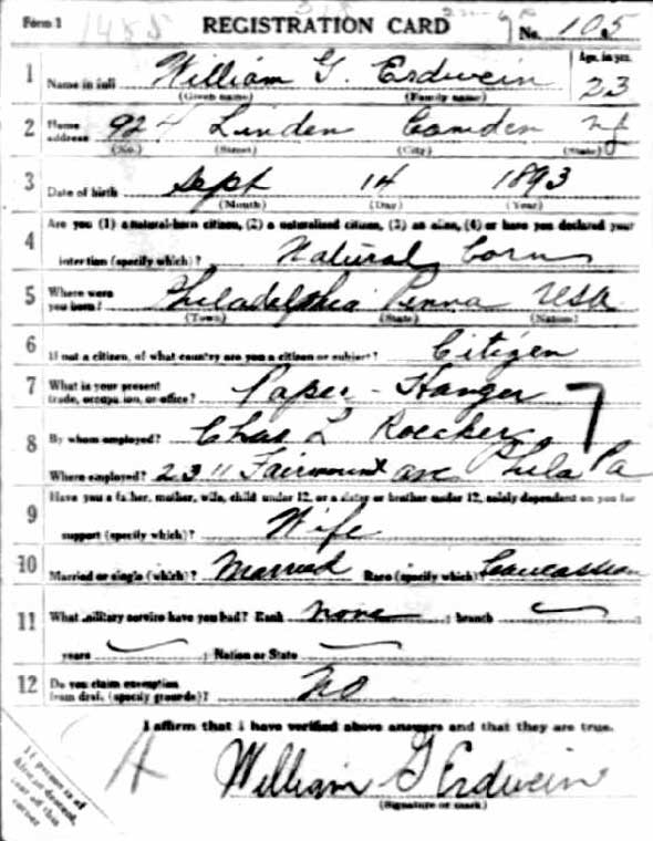 William G. Erdwein World War I Draft Registration Card, side 1