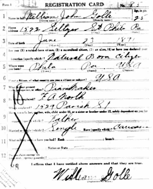 William John Golle World War I Draft Registration Card, side 1
