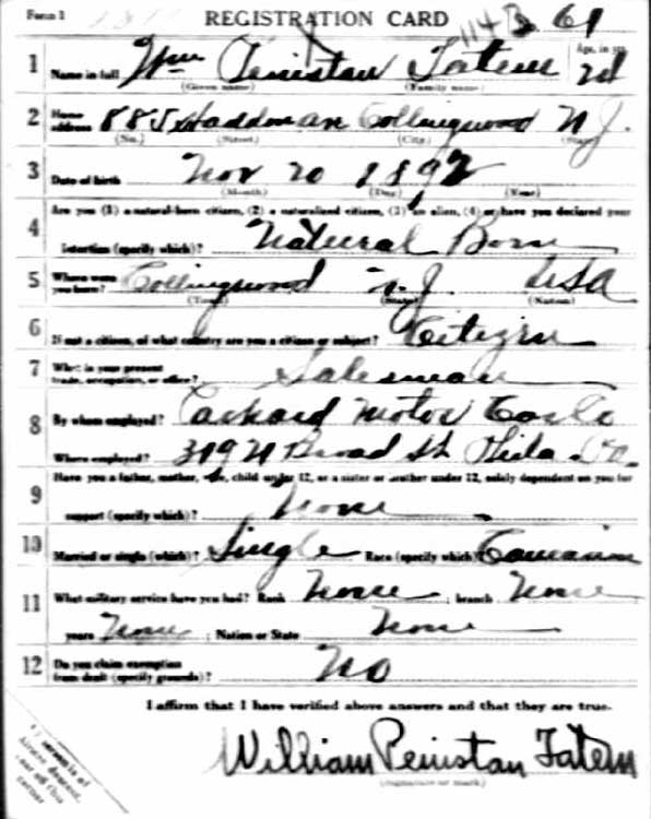 William Peniston Tatem World War I Draft Registration Card, side 1