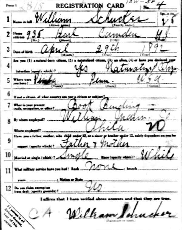 William Schucker World War I Draft Registration Card, side 1