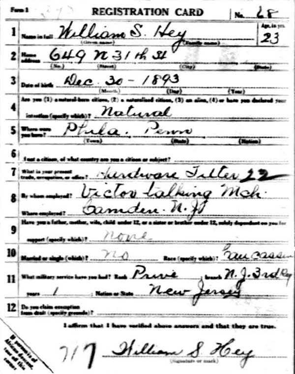 William S. Hey World War I Draft Registration Card, side 1