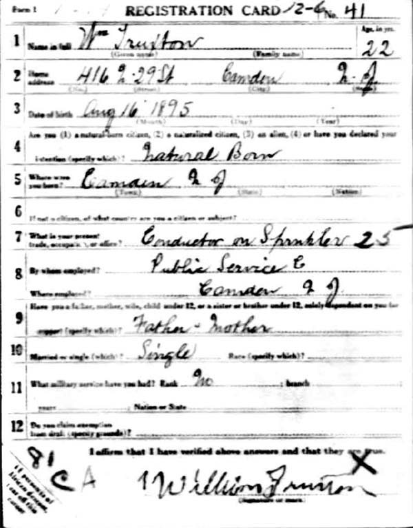 William E. Truxton World War I Draft Registration Card, side 1