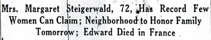 Mrs. Margaret Steigerwald, 72, Has Record Few Women Can Claim — Camden Courier-Post December 5, 1942