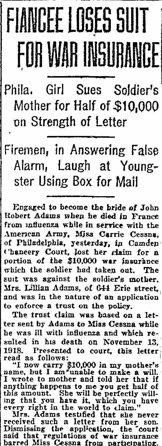 Philadelphia Inquirer article about John Robert Adams, December 24, 1921
