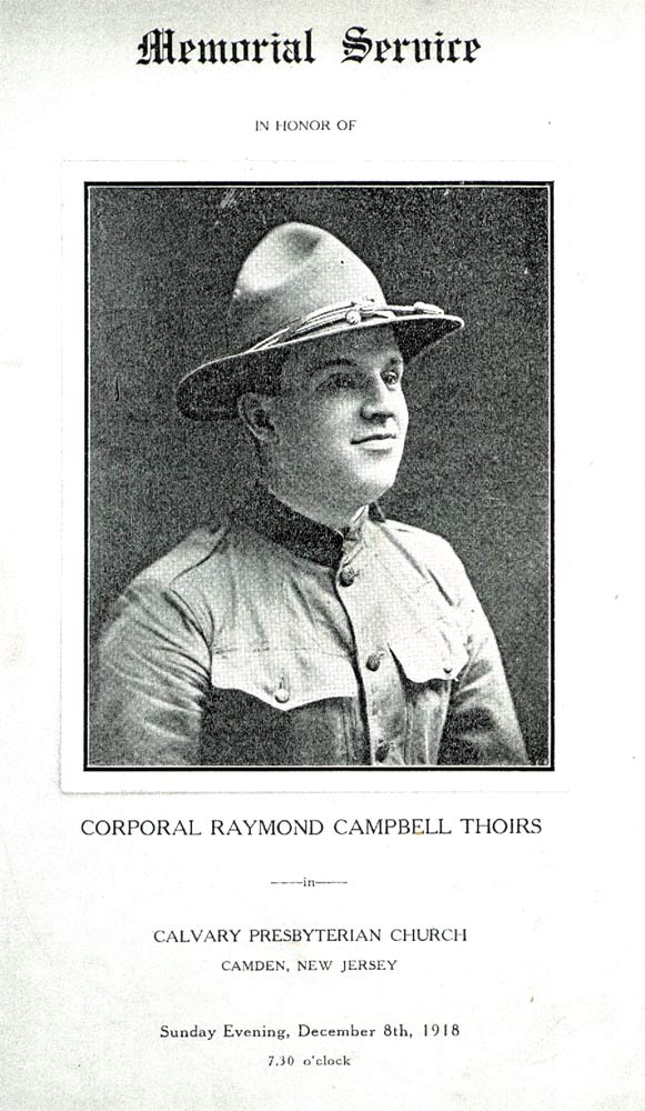 Memorial service program cover for Raymond C. Thoirs, December 8, 1918
