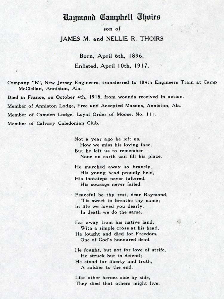 Memorial service program inside page 1 for Raymond C. Thoirs, December 8, 1918